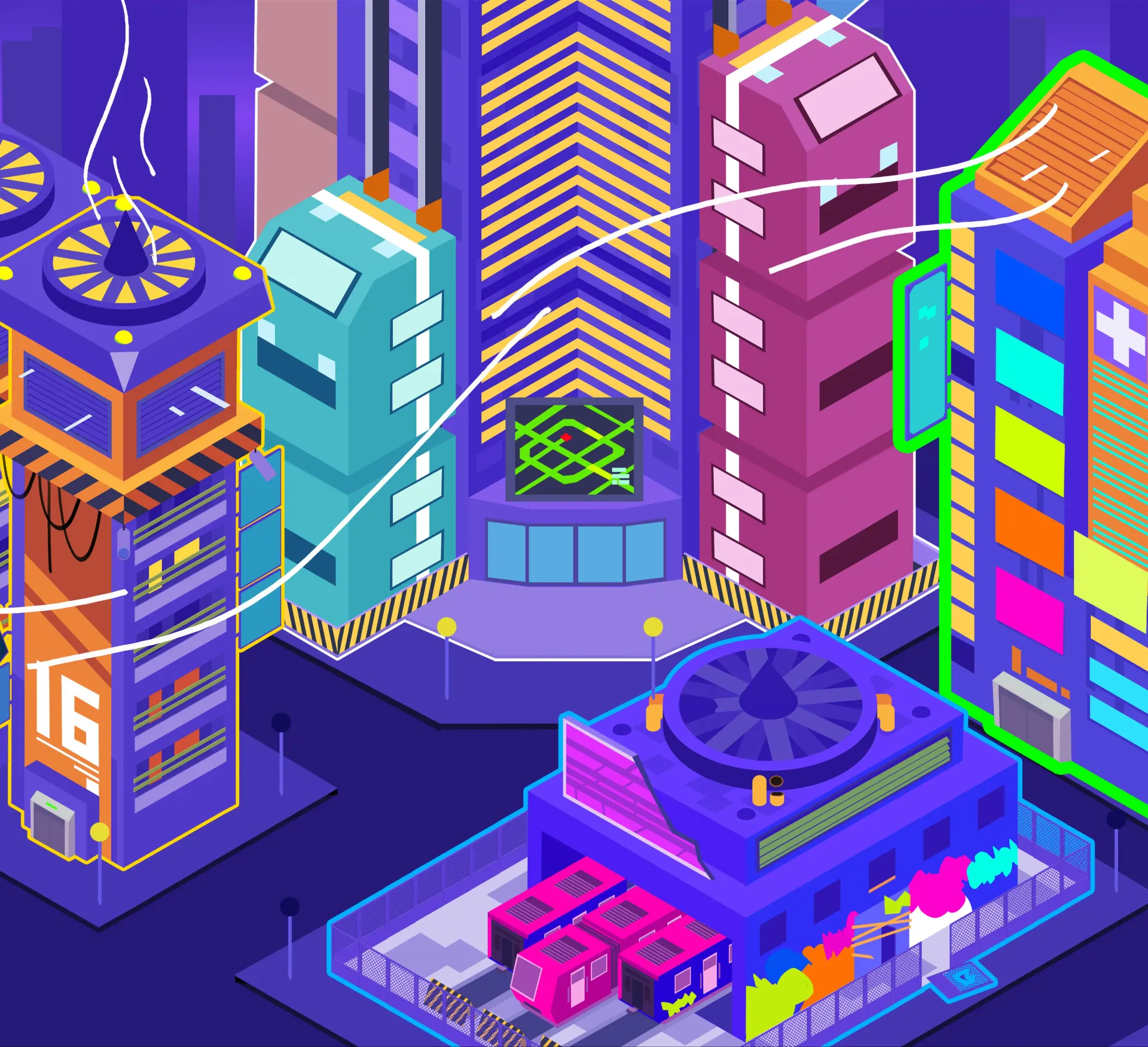 The vibrant geometric cityscape of Engram's game world